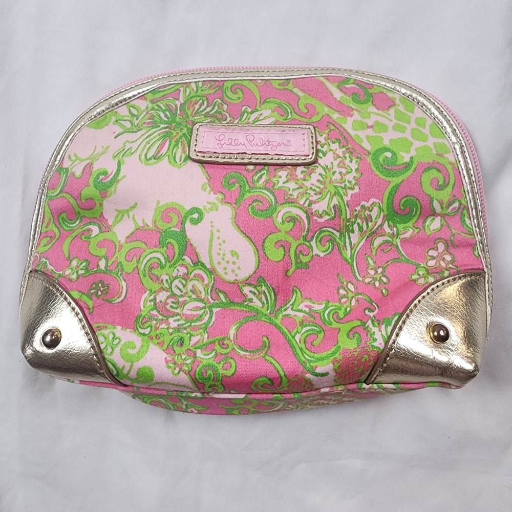Lilly Pulitzer Pink Green Floral Paisley Cosmetic Bag Gold Trim Travel Case